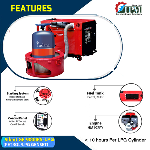 10 KVA Portable Generator, Model Silent GE-9000RS-LPG, Petrol & LPG RUN, Recoil & Self Start